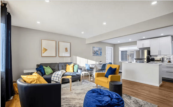 kitchen, living room, chairs, and a place you are looking to get away from your own.